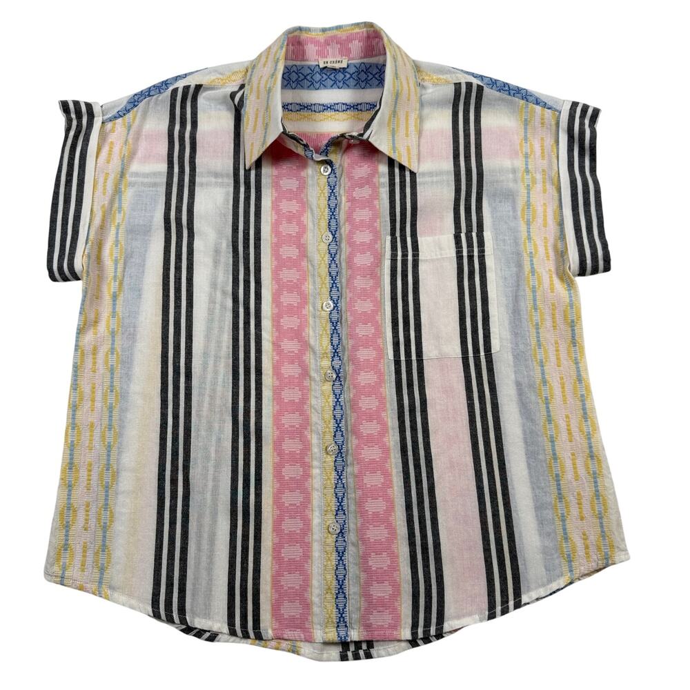 En Creme Striped Short Sleeve Button Down Cotton Shirt Womens Small Boho